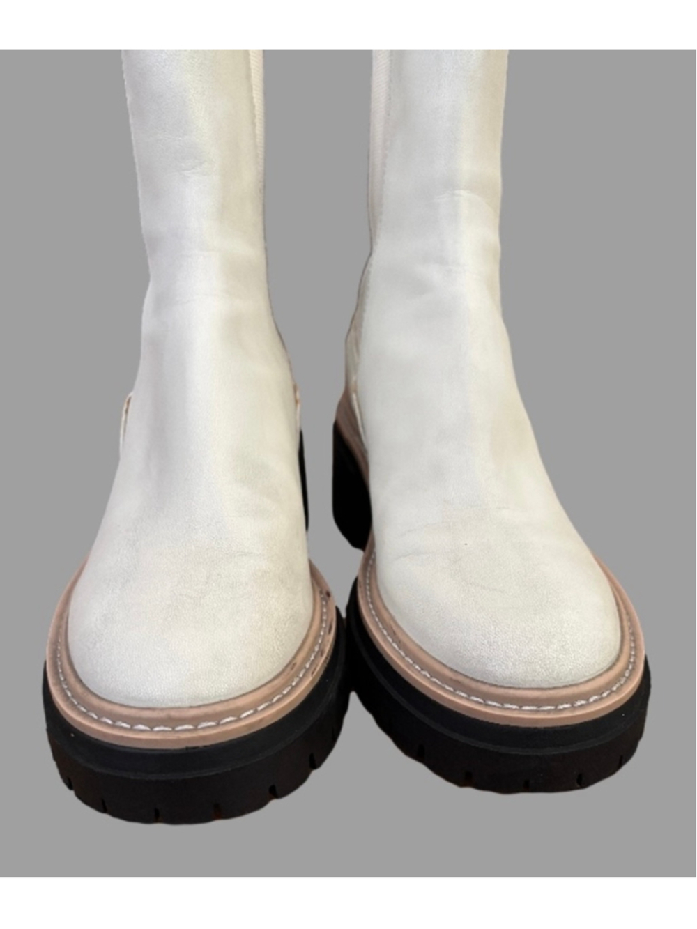 Open Edit white vegan lthr blk lug sole Ankl boots SZ 7 festival indie - Picture 6 of 10